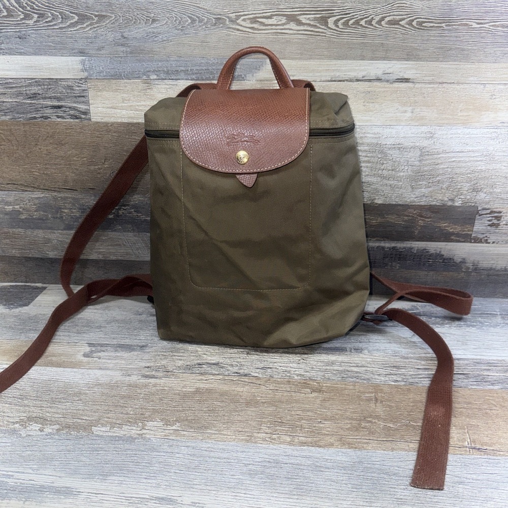 Longchamp Le Pliage 12" Backpack Olive Green Nylon Brown Leather Sac A Dos